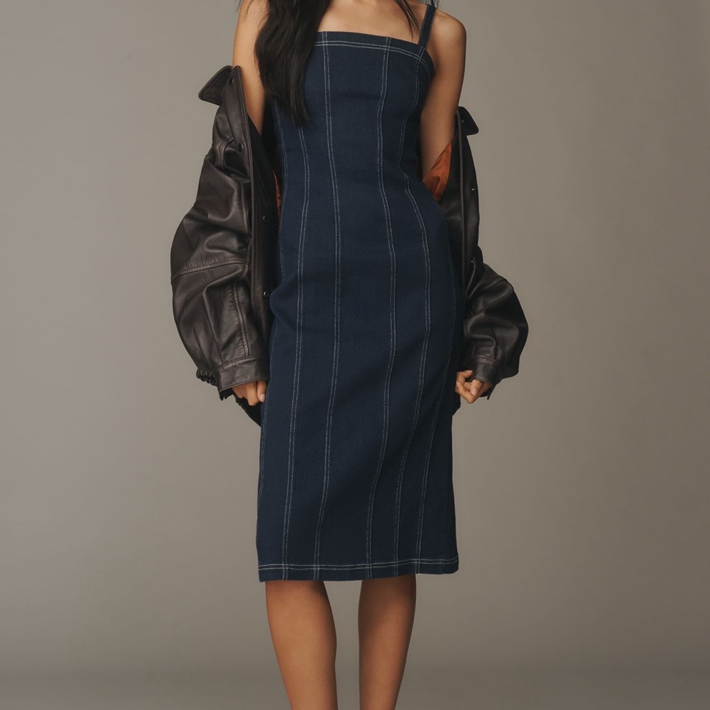 Anthropologie Navy Pilcro Square-Neck Seamed Denim Midi Dress